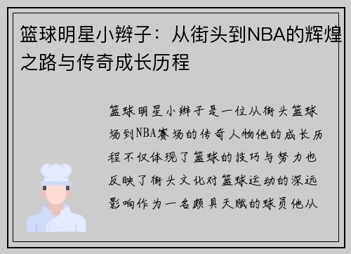 篮球明星小辫子：从街头到NBA的辉煌之路与传奇成长历程